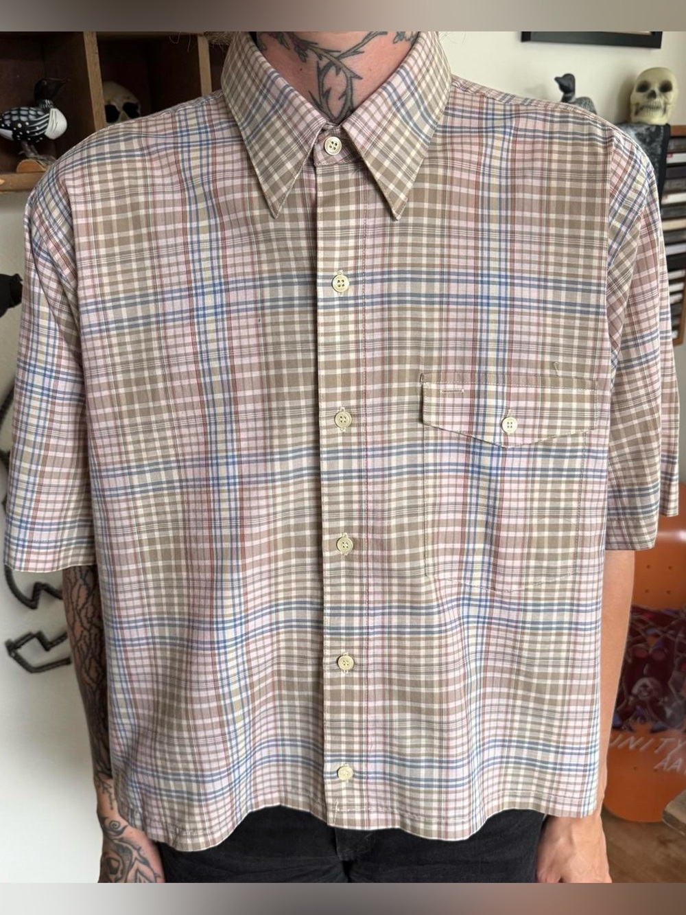 Vintage 90s Cropped Boxy Plaid SS Button Down Shirt Preppy Streetwear ~ Size L